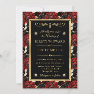 Invitación Boda floral de mármol rojo negro y dorado