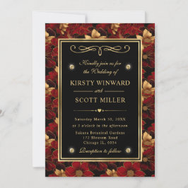 Invitación Boda floral de mármol rojo, negro y dorado