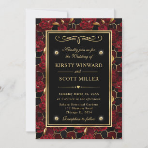 Invitación Boda floral de mármol rojo negro y dorado