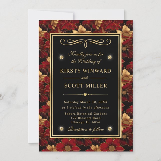 Invitación Boda Floral de Mármol Rojo Negro y Oro (Anverso)