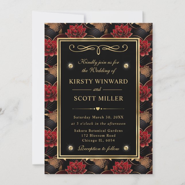Invitación Boda Floral de Mármol Rojo Negro y Oro
