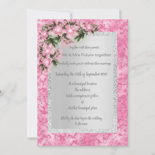 Invitación boda floral de mármol rosa con plata floral rosa (Anverso)