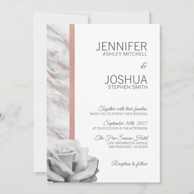 Invitación Boda floral de mármol rosa de Relieve metalizado d (Anverso)