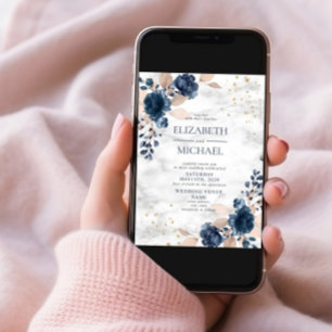 Invitación Boda Floral de mármol rosa PInk Rubor azul de la M