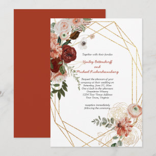 Invitación Boda floral de Marsala Borgoña Triple Oro