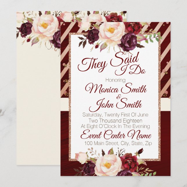 Invitación Boda floral de Marsala Burgandy (Anverso / Reverso)