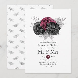 Invitación Boda floral de Marsala, negro y plata
