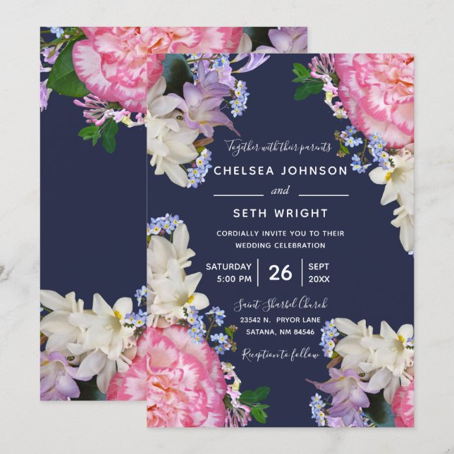 Invitación Boda floral de medianoche de la primavera azul y (Anverso / Reverso)