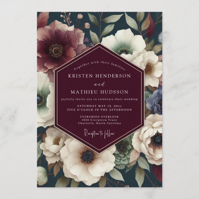Invitación Boda floral de medianoche granate (Anverso)