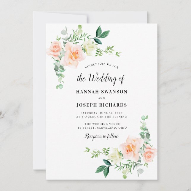 Invitación boda floral de melocotón acuático (Anverso)