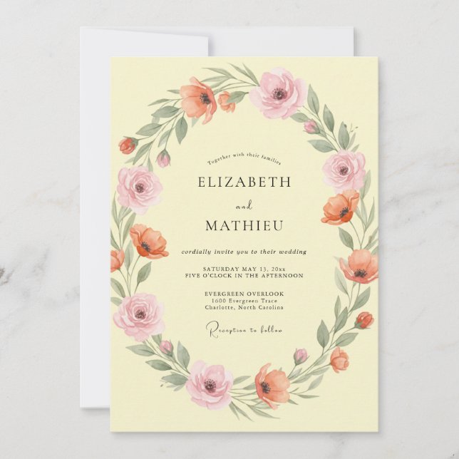 Invitación Boda Floral de Melocotón Amarillo Suave (Anverso)