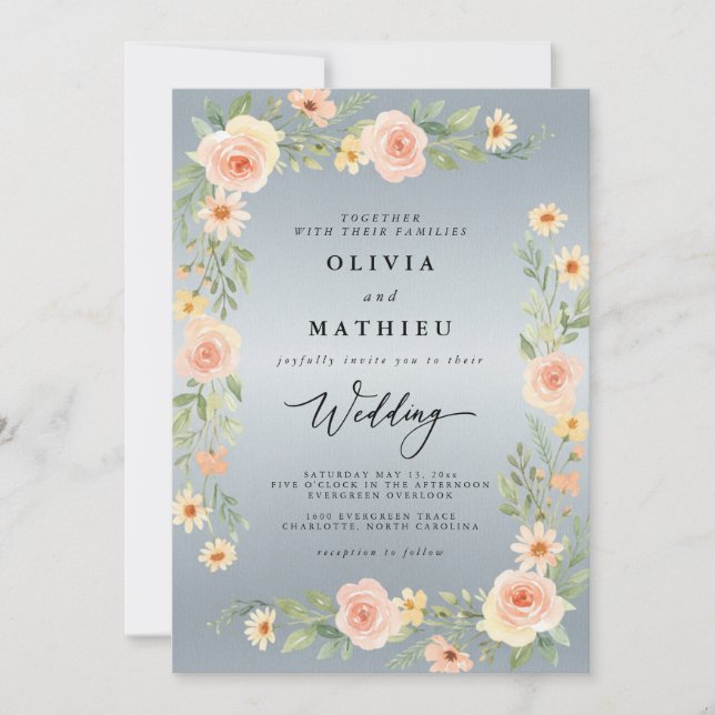Invitación Boda Floral de Melocotón Azul (Anverso)
