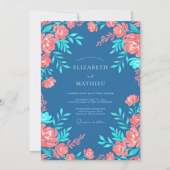 Invitación Boda floral de melocotón azul acero (Anverso)