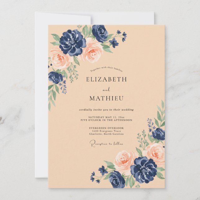 Invitación Boda Floral de Melocotón Azul Marino (Anverso)