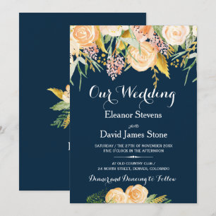Invitación Boda floral de melocotón azul marino de invierno r