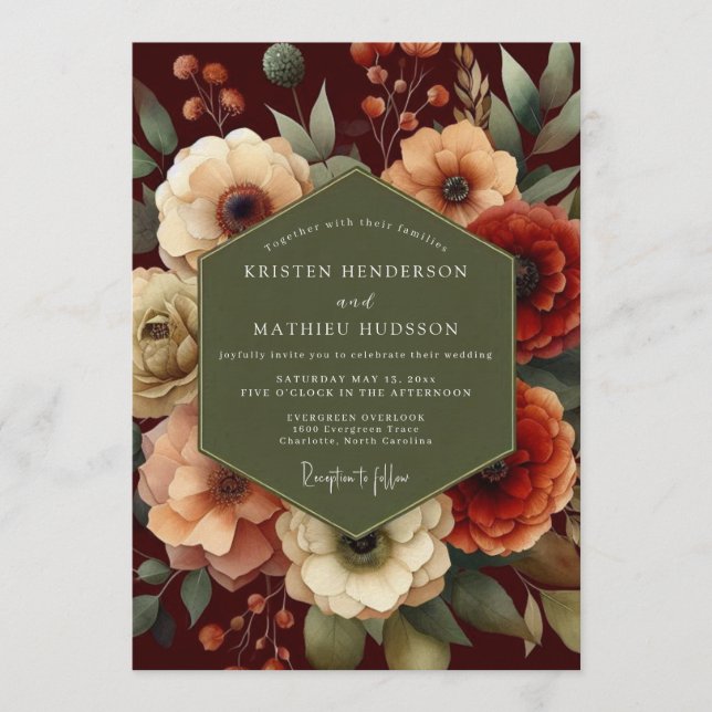 Invitación Boda Floral de Melocotón Borgoña (Anverso)