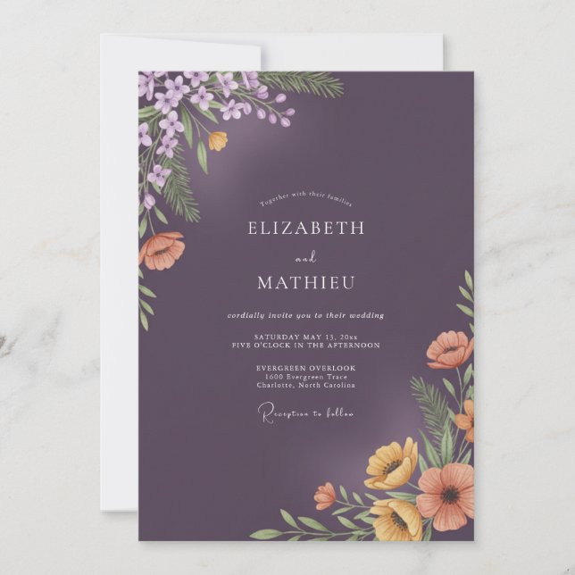 Invitación Boda floral de melocotón ciruela profunda (Anverso)