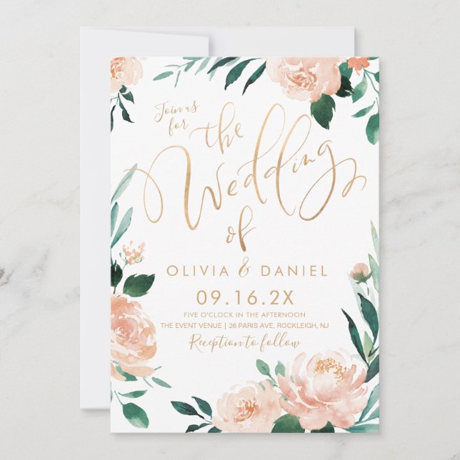 Invitación Boda floral de melocotón con caligrafía de jardín  (Anverso)