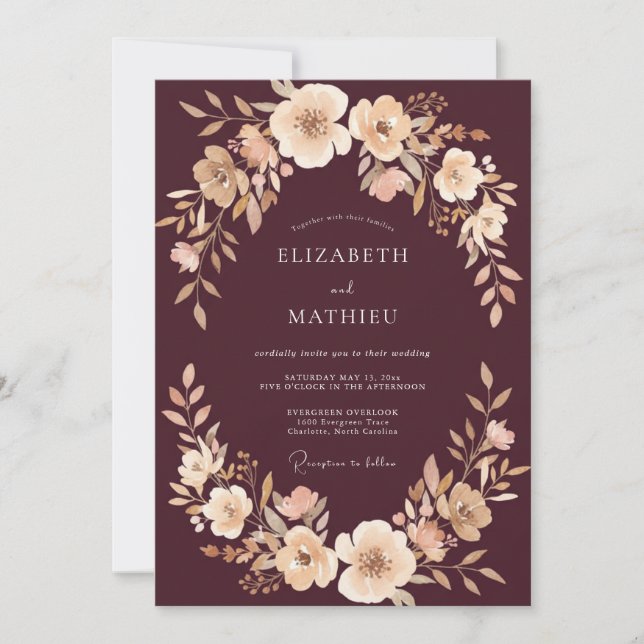 Invitación Boda floral de melocotón de Borgoña profundo (Anverso)