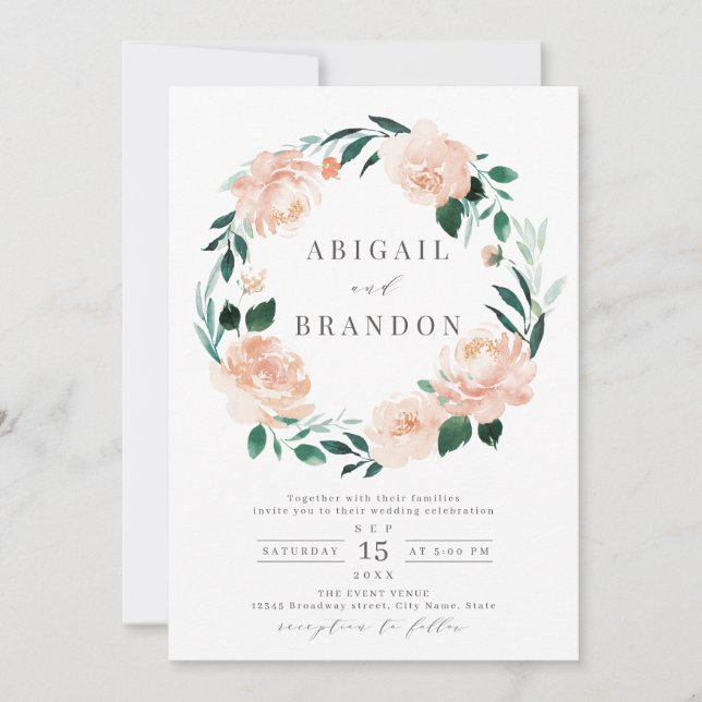 Invitación Boda floral de melocotón de jardín romántico en (Anverso)