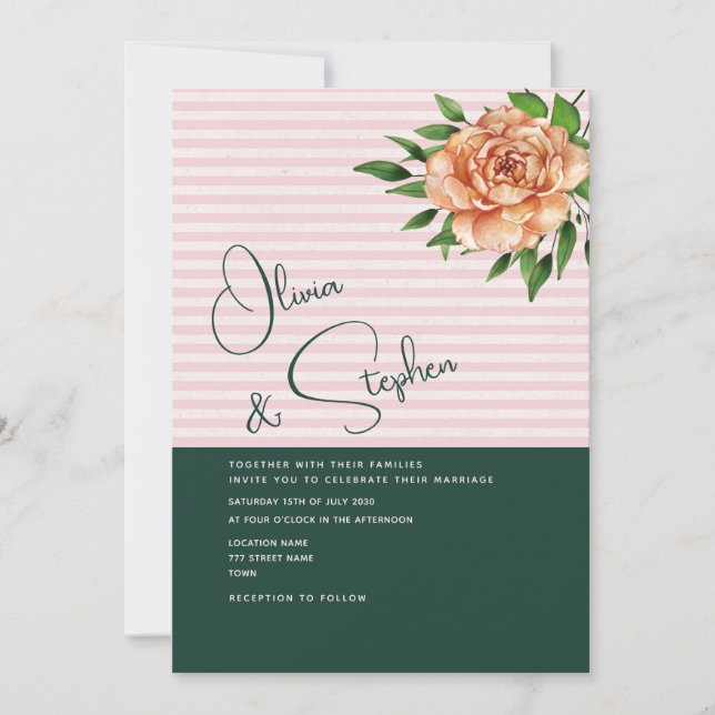 Invitación Boda Floral de Melocotón Esmeralda Rosa (Anverso)