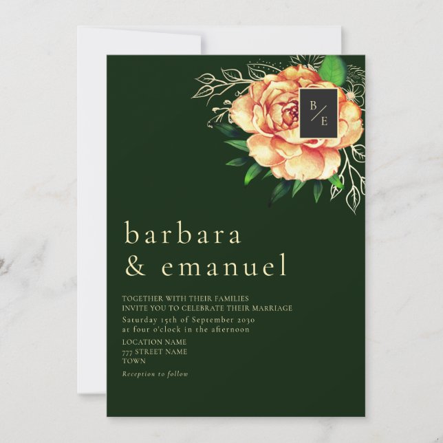 Invitación Boda Floral de Melocotón Esmeralda Verde (Anverso)