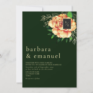 Invitación Boda Floral de Melocotón Esmeralda Verde
