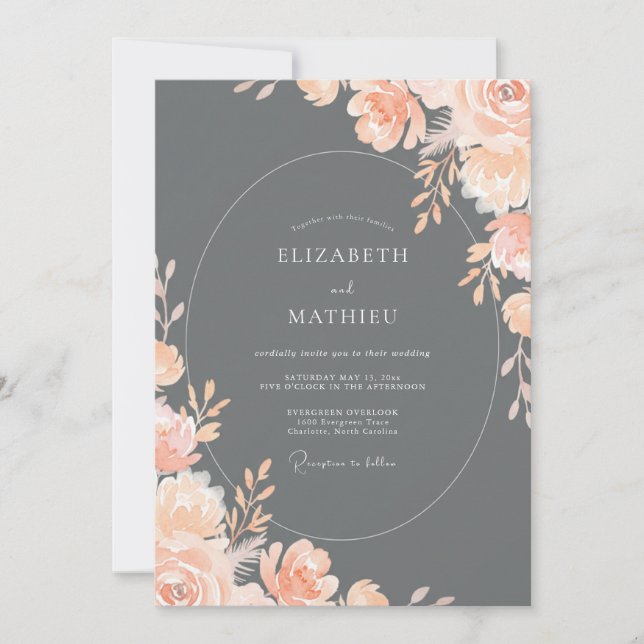 Invitación Boda Floral de Melocotón Luminoso de Carbón (Anverso)