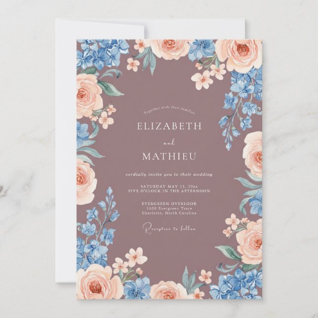 Invitación Boda floral de melocotón malva (Anverso)