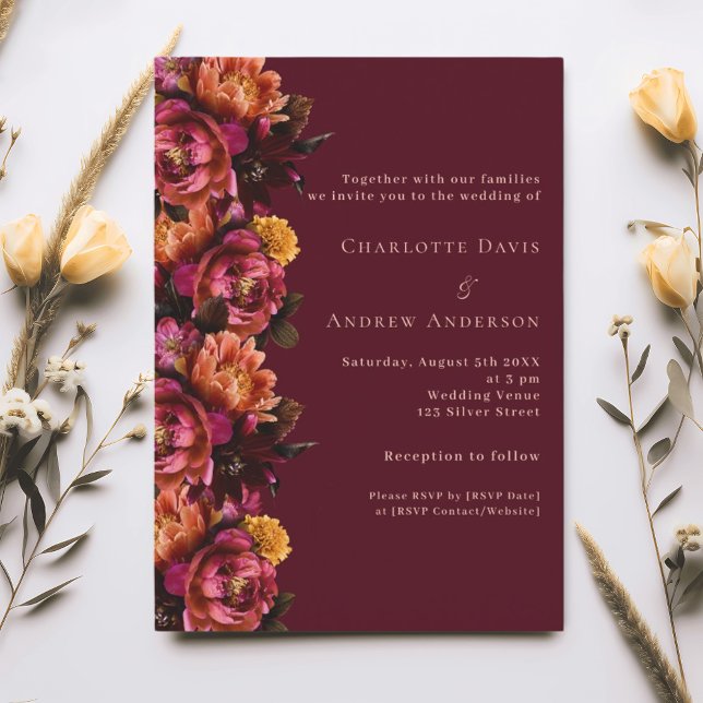Invitación Boda floral de melocotón rosa de Borgoña RSVP (Subido por el creador)