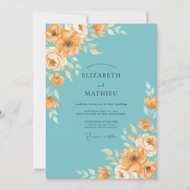 Invitación Boda Floral de Melocotón Verde Acuático (Anverso)
