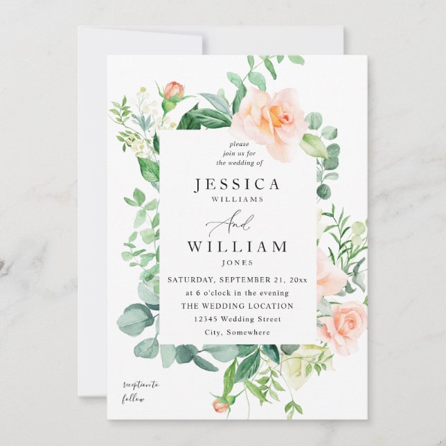 Invitación Boda floral de melocotón y blanco 2b (Anverso)