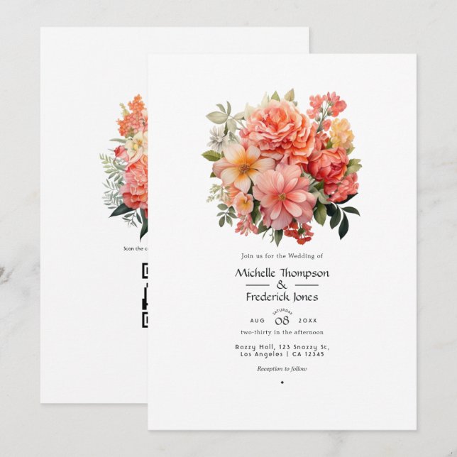 Invitación Boda floral de melocotón y coral (Anverso / Reverso)