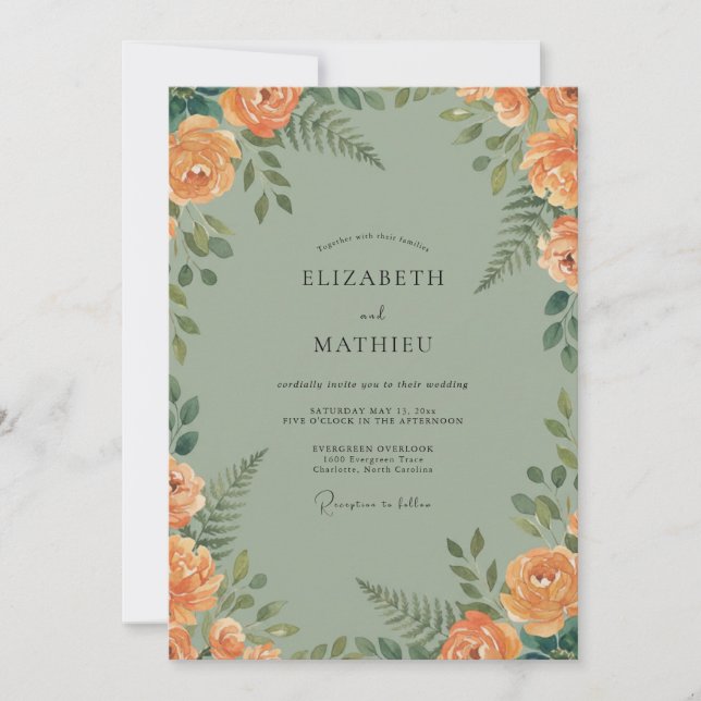 Invitación Boda floral de melocotón y salvia (Anverso)