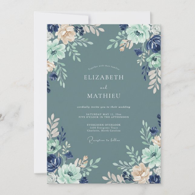Invitación Boda Floral de Menta Azul Acero (Anverso)