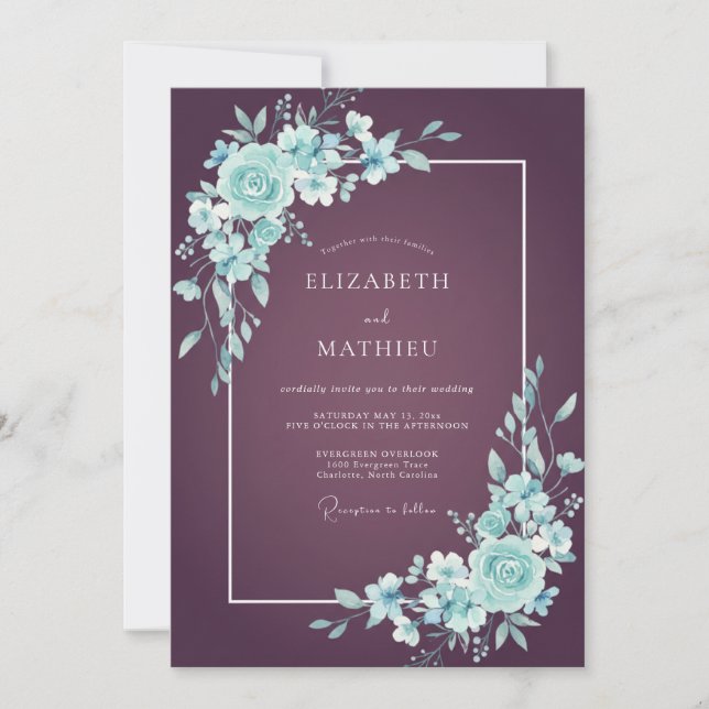 Invitación Boda floral de menta ciruela (Anverso)