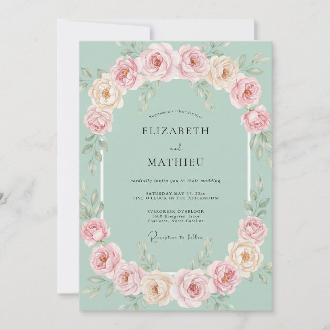 Invitación Boda floral de menta melocotón (Anverso)
