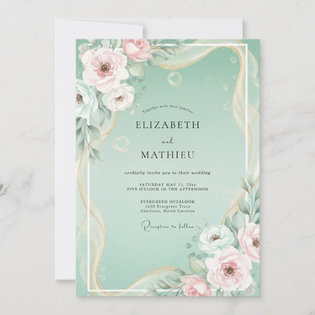 Invitación Boda floral de menta rubor (Anverso)