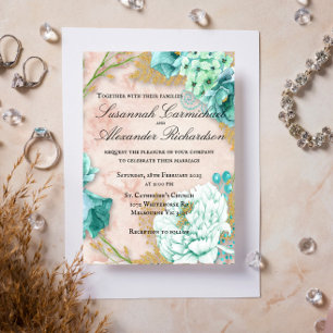 Invitación Boda floral de menta y rosa Rubor