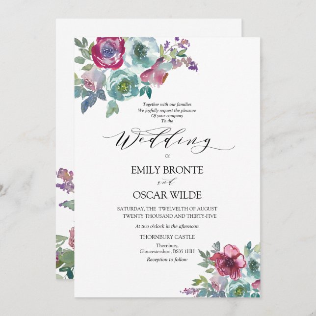 Invitación Boda floral de Mint y Mauve (Anverso / Reverso)