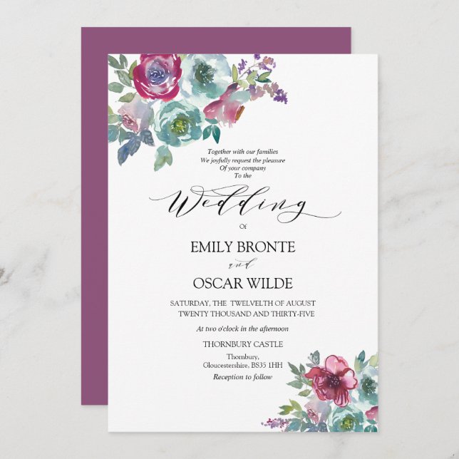 Invitación Boda floral de Mint y Mauve (Anverso / Reverso)