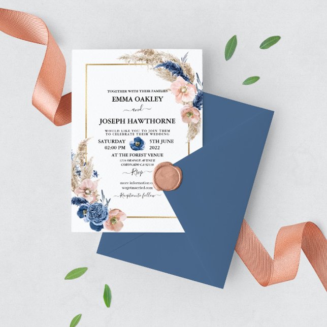 Invitación Boda floral de moda azul pastel Boho y azul celest (Subido por el creador)