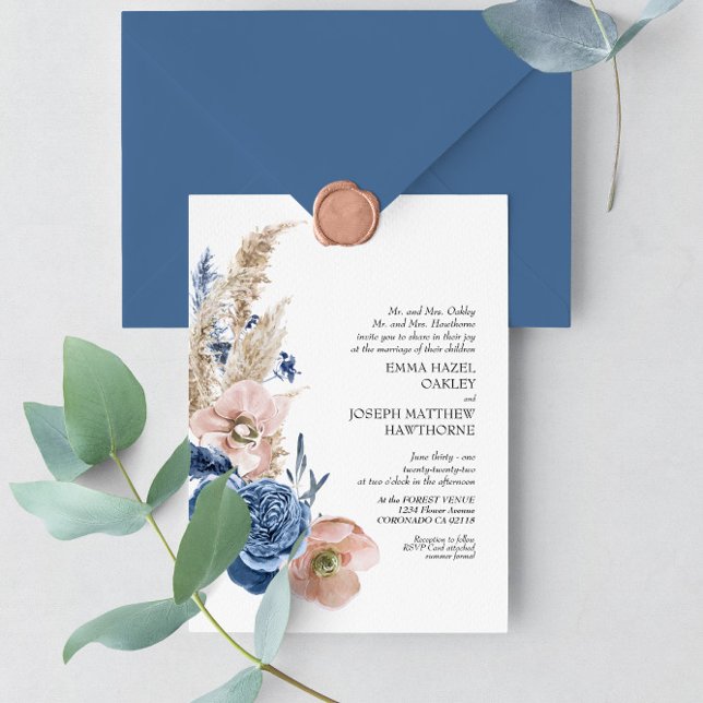 Invitación Boda floral de moda azul pastel Boho y azul celest (Subido por el creador)