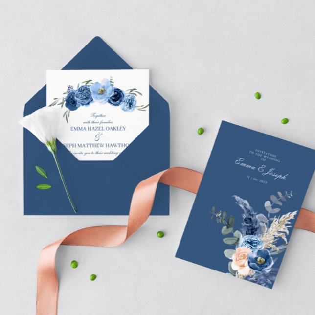 Invitación Boda floral de moda azul pastel Boho y azul celest (Subido por el creador)