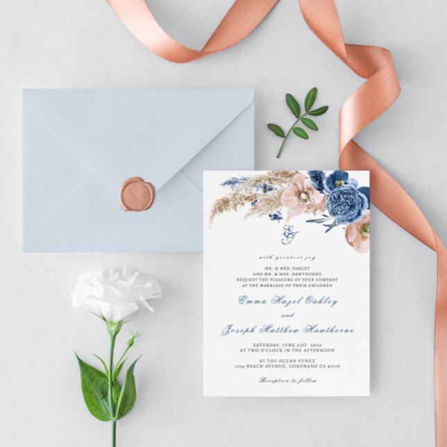 Invitación Boda floral de moda azul pastel Boho y azul celest (Subido por el creador)