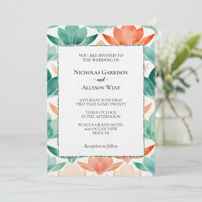 Invitación Boda floral de Moda de mandarina turquesa (Anverso de pie)