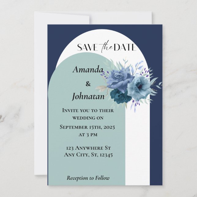 Invitación Boda floral de monograma azul y blanco turbio (Anverso)
