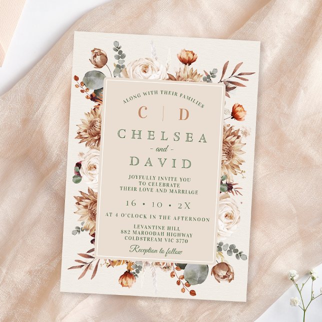 Invitación Boda floral de monograma beige rubio (Rustic Floral Wedding Invitation Template, Fall Floral Wedding Invite, Brown Cream Floral Wedding)