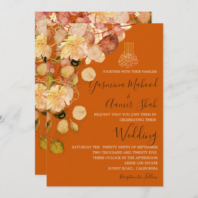 Invitación Boda floral de Naranja quema de Bismillah islámico (Anverso / Reverso)