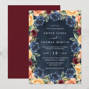 Invitación Boda floral de naranja quemada burdeos de la marin